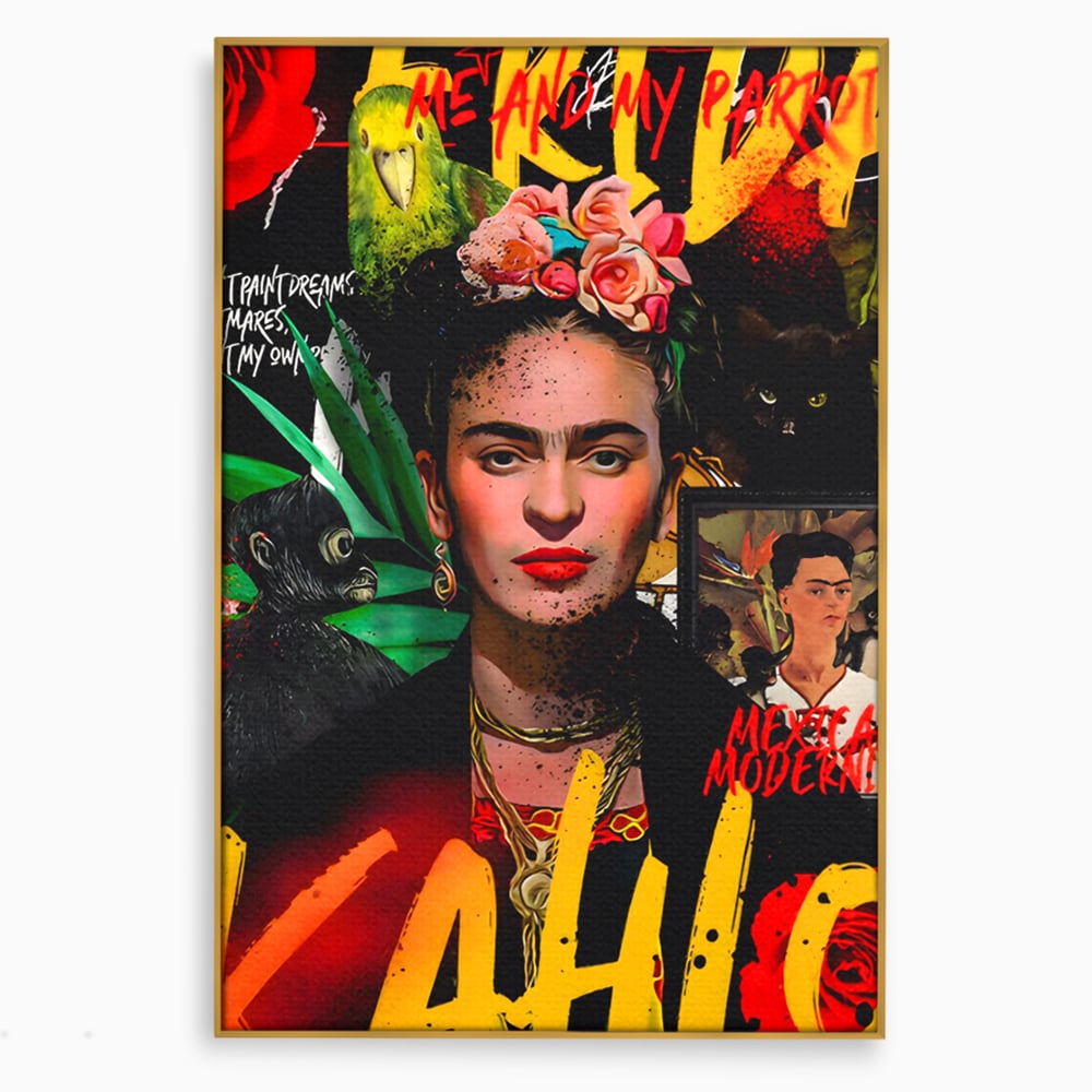 Tablou canvas cu tablou canvas portret frida kahlo, in rama de aluminiu auriu